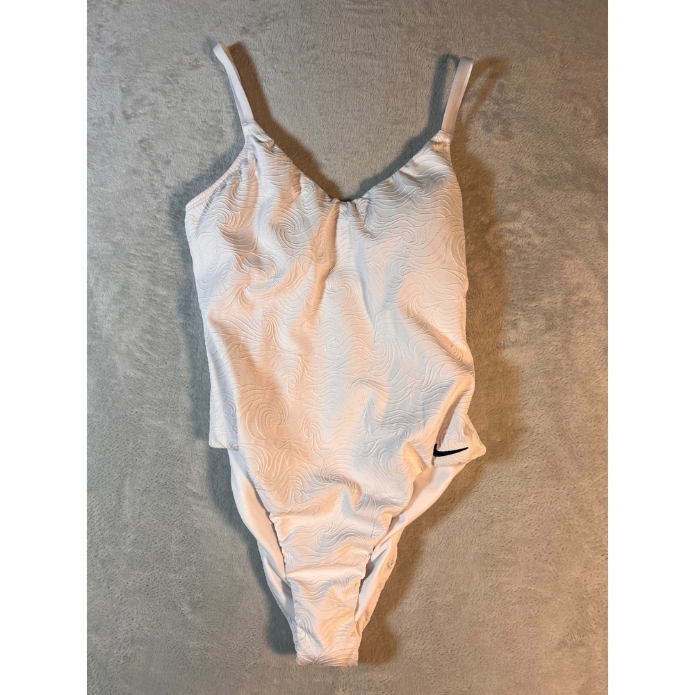 Nike Women'S V-Neck Jacquard One-Piece Swimsuit White Size‎ L MSRP $90 - Picture 2 of 16